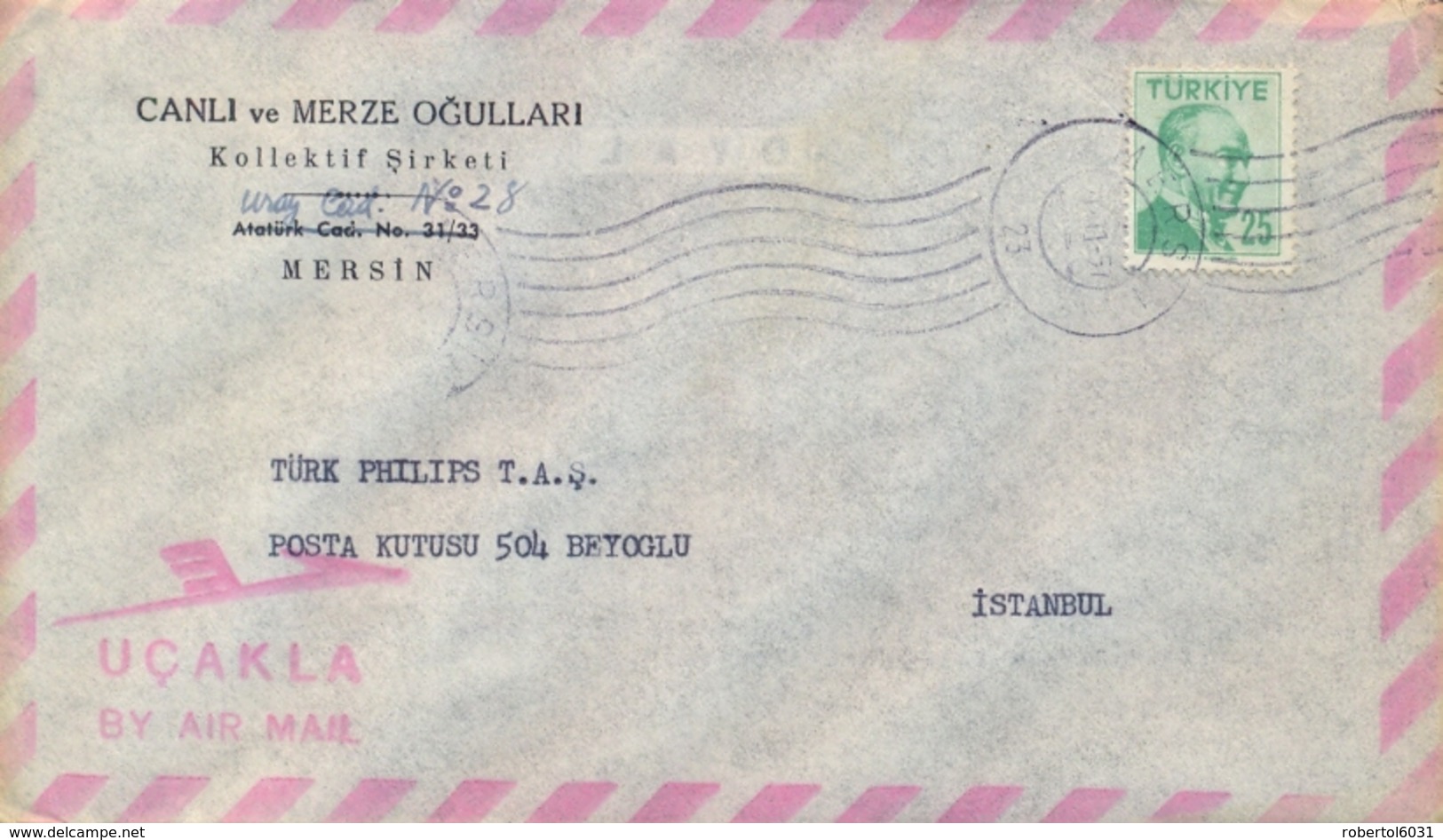 Turkey 1957 Airmail Cover From Mersin To Istanbul With 25 K. - Posta Aerea