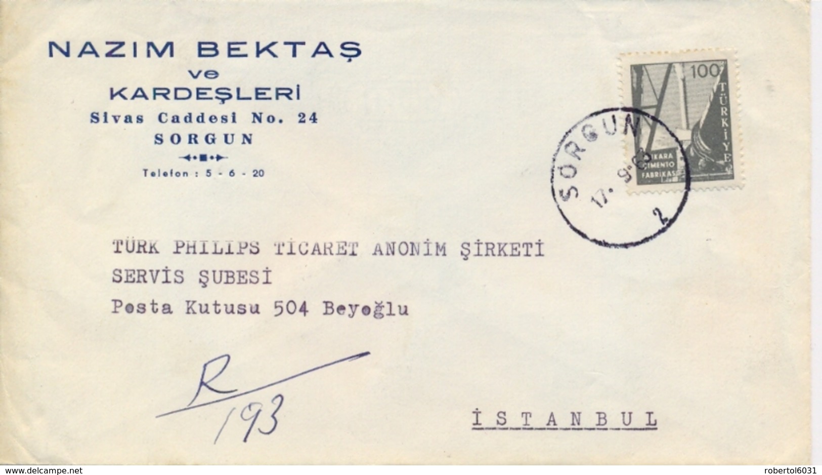 Turkey 1963 Registered Cover From Sorgun To Istanbul With 100 K. Cement Factory - Storia Postale