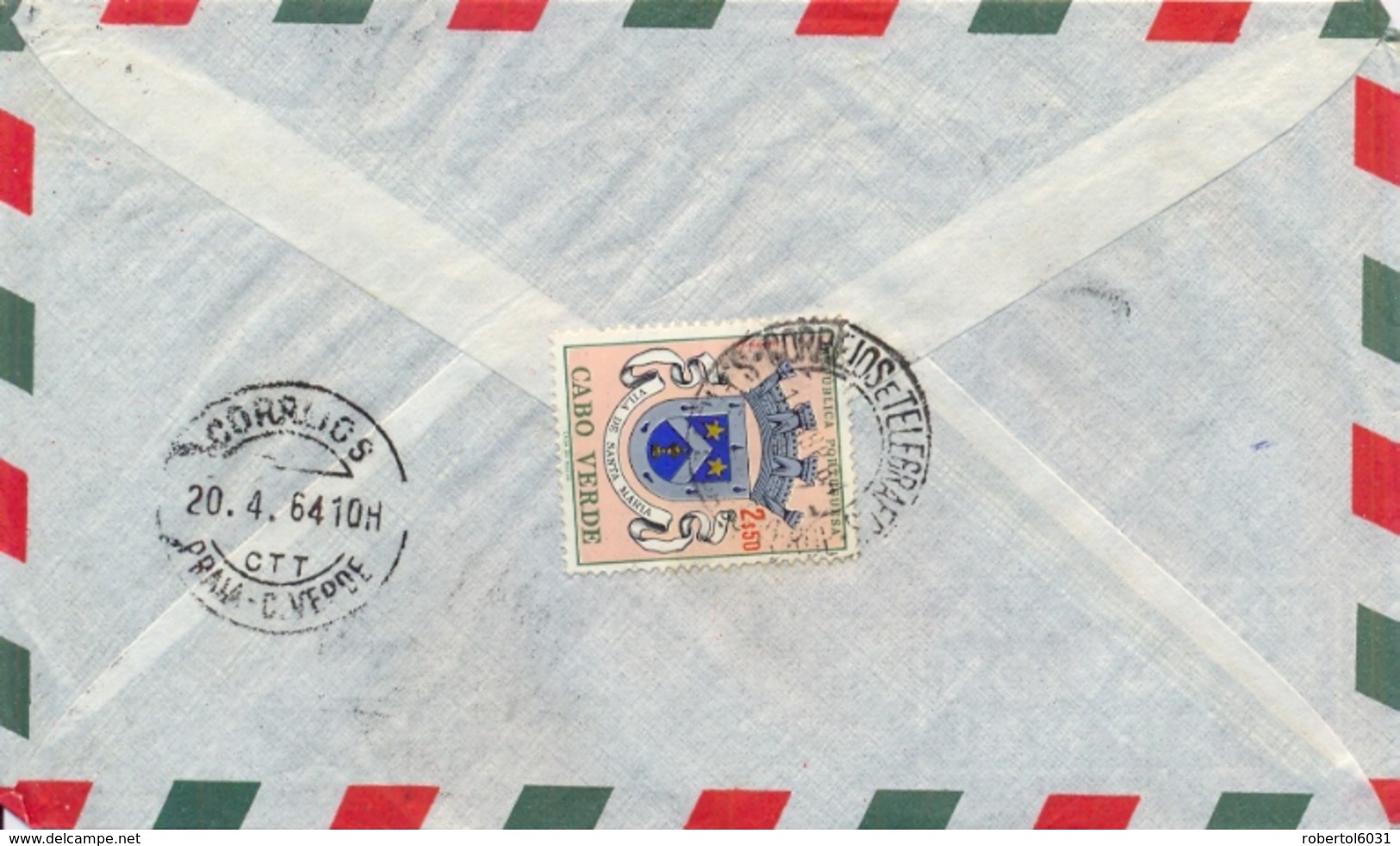 Cap Cabo Verde 1964 Airmail Cover To Portugal With Coat Of Arms 2,50 $ - Buste