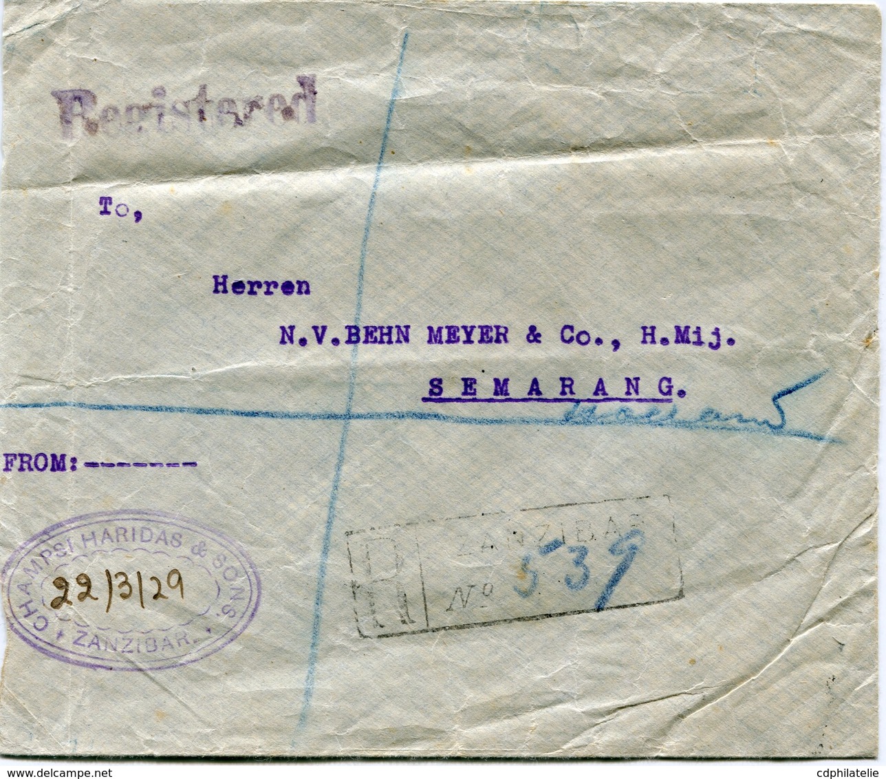 ZANZIBAR LETTRE RECOMMANDEE AVEC AFFRANCHISSEMENT COMPLEMENTAIRE AU DOS DEPART ZANZIBAR MR 22 29 POUR L'INDONESIE - Zanzibar (...-1963)