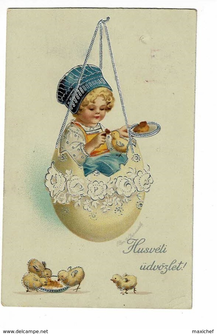 Carte Illustrée Ellen H Clapsaddle "Husvéti üdvözlet" Fillette Dans Une Coquille D'oeuf Nourissant Un Poussin De Gateau - Clapsaddle