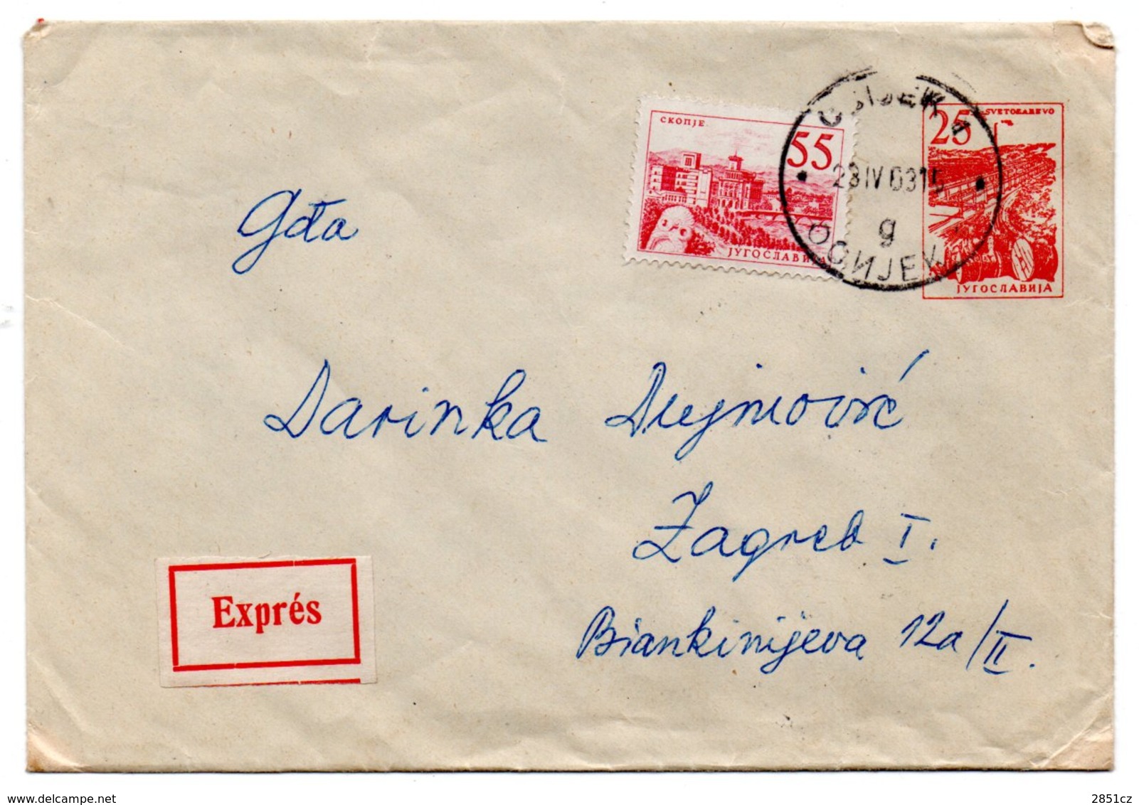 Letter - Postmark Osijek, 23.4.1963 / Zagreb, 24.4.1963. / Beograd, 23.4.1963., Yugoslavia, Expres Mail - Altri & Non Classificati