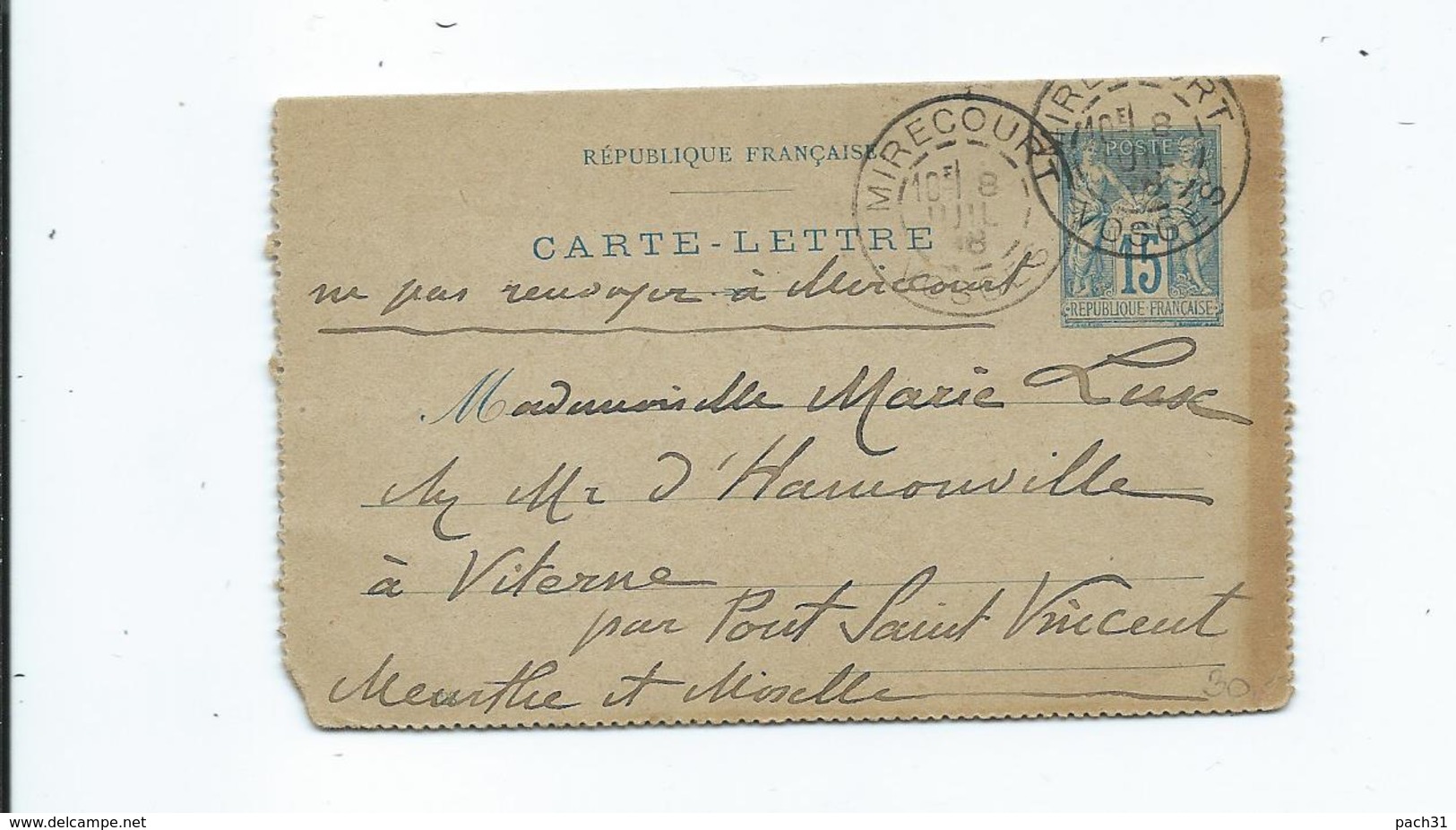 Carte Lettre  Entier Postal  90CLRP3 De Mirecourt Vosges Pour Viterne Par Pont St Vincent Meurthe Et Moselle 1898 - Letter Cards