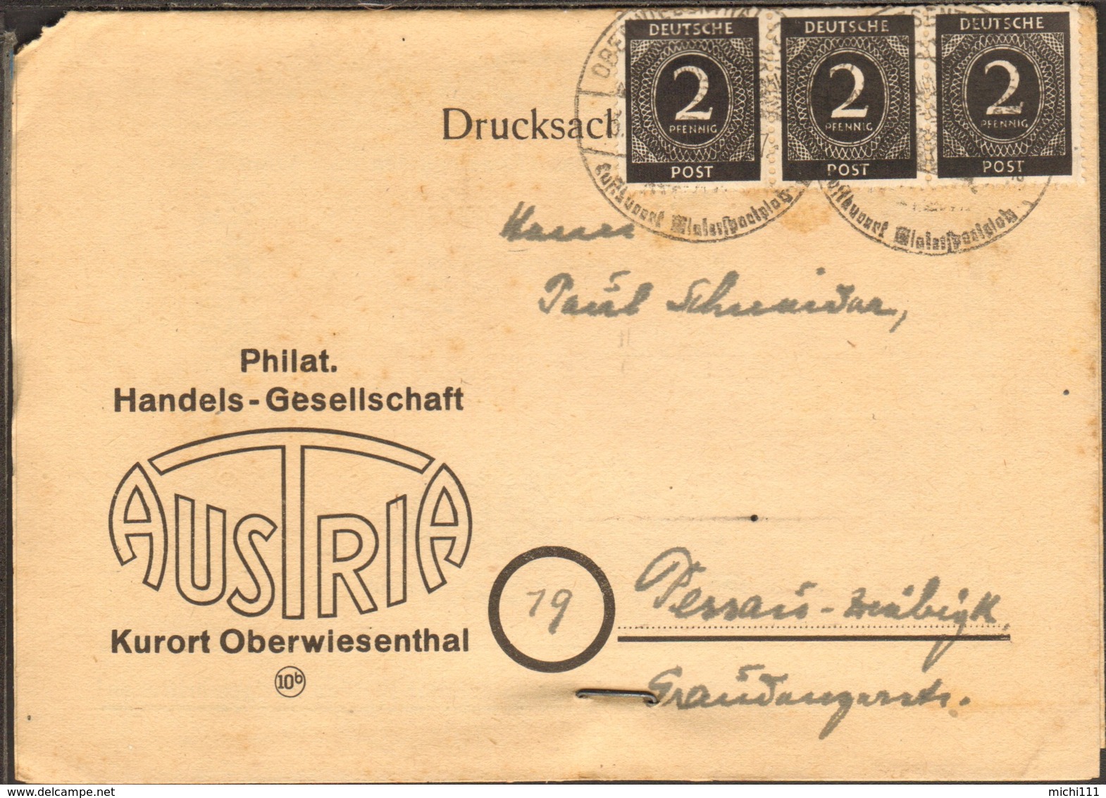 Alli.Bes 3 X 2 Pfg.Ziffer Auf Drucksache M.Ortswerbestempel V.Oberwiesenthal V.1947 - Autres & Non Classés