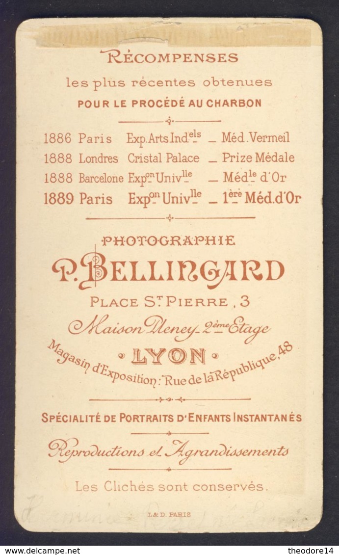 Photo CDV Femme Photographe P. Bellingard Lyon Epreuve Au Charbon - Anciennes (Av. 1900)