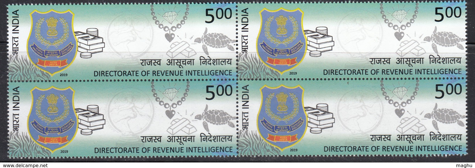 Turtle, Gold Bars, Antique Nataraja Statue Dance Idol, Diamond, Mineral, Coin, MNH 2019 Revenue Intelligence, Block Of 4 - Mineralen