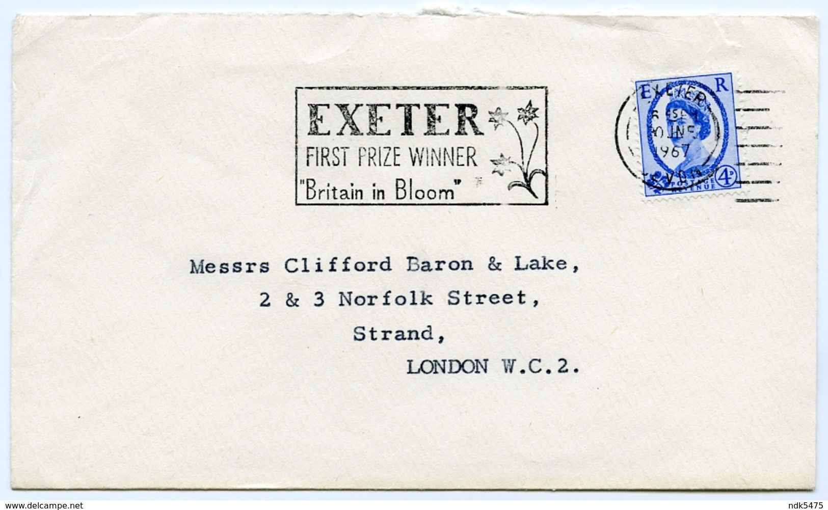 Slogan Postmark On Cover EXETER Britain In Bloom 1967 / Address - Strand, Norfolk Street, London - Covers & Documents