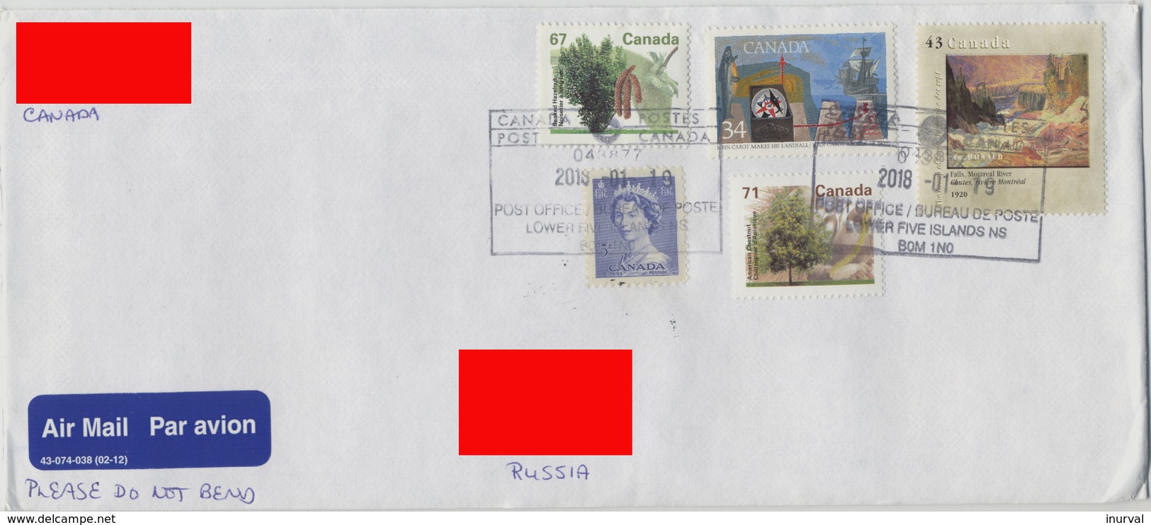 2018 Canada Addressed Air Mail Cover. 5 Different Stamps: Elizabeth, Nature And Paintings. - Briefe U. Dokumente