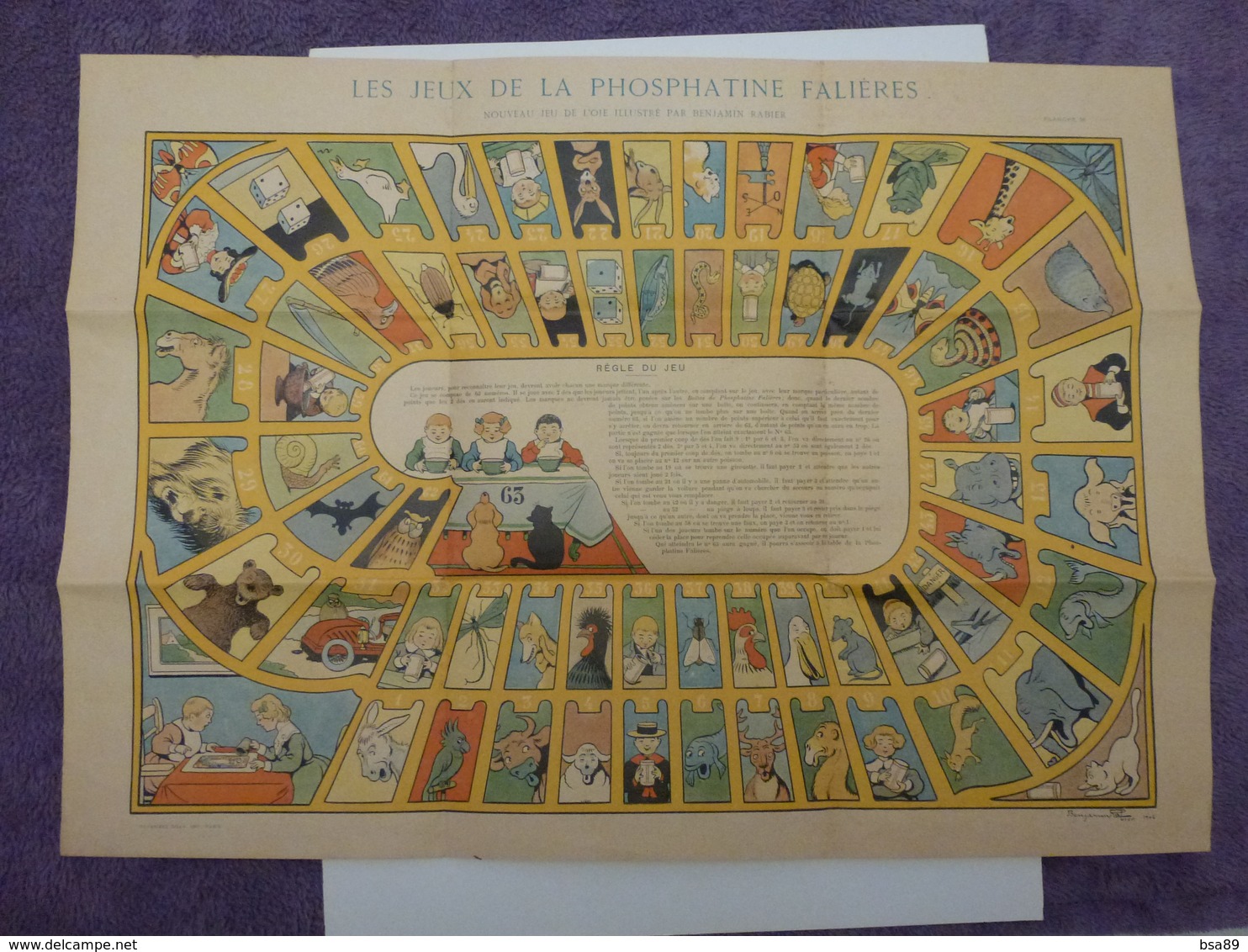 LES JEUX DE LA PHOSPHATINE FALIERE,JEU DE L'OIE ILLUSTRE PAR BENJAMIN RABIER 1906 55;5 Cm X 39,5 Cm - Publicités