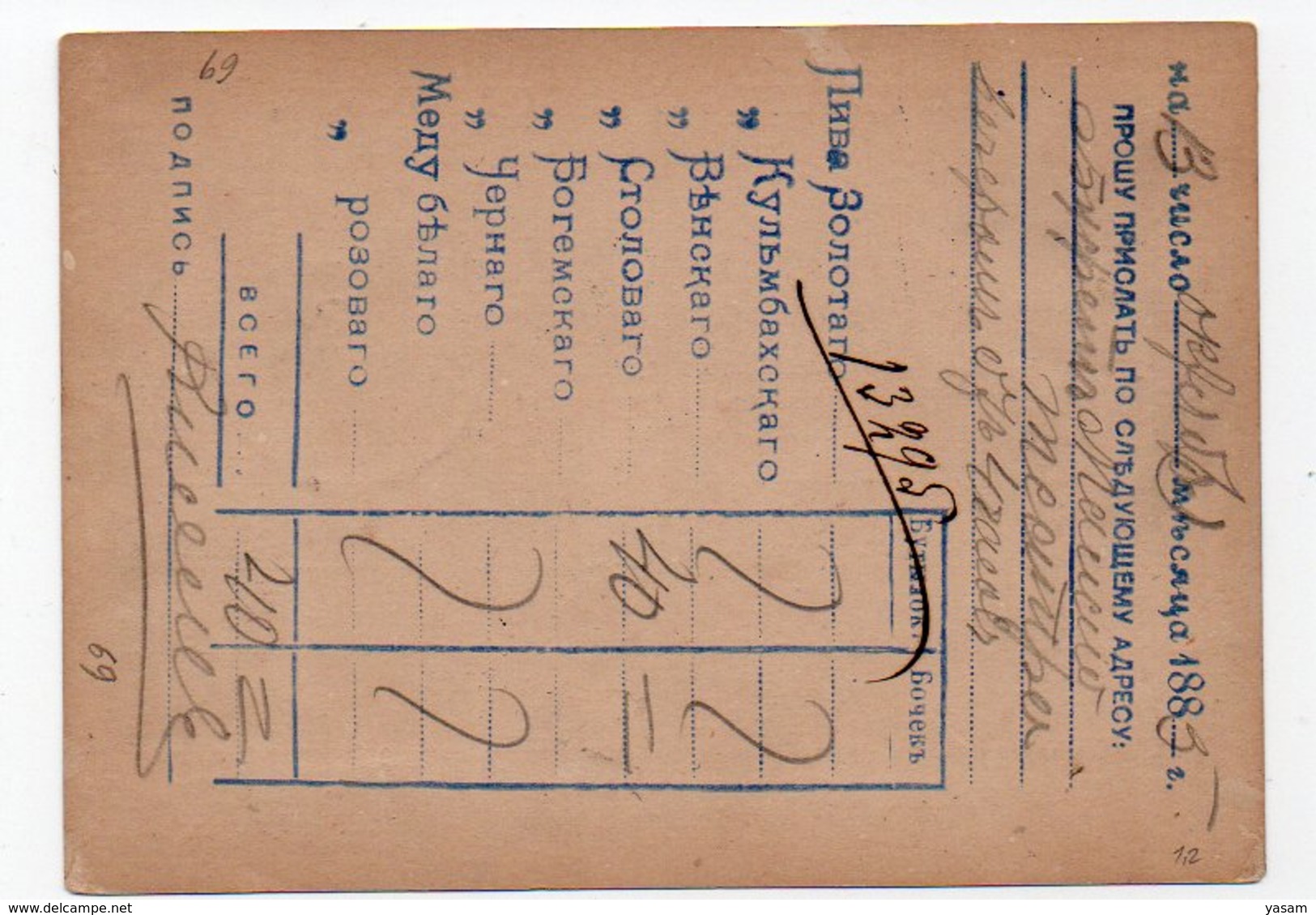 Russia. 1885. 3k Postal Stationary Card Sent To Moscow Beer Plant "Moskov Bavaria" With Order For Beer. - Biere