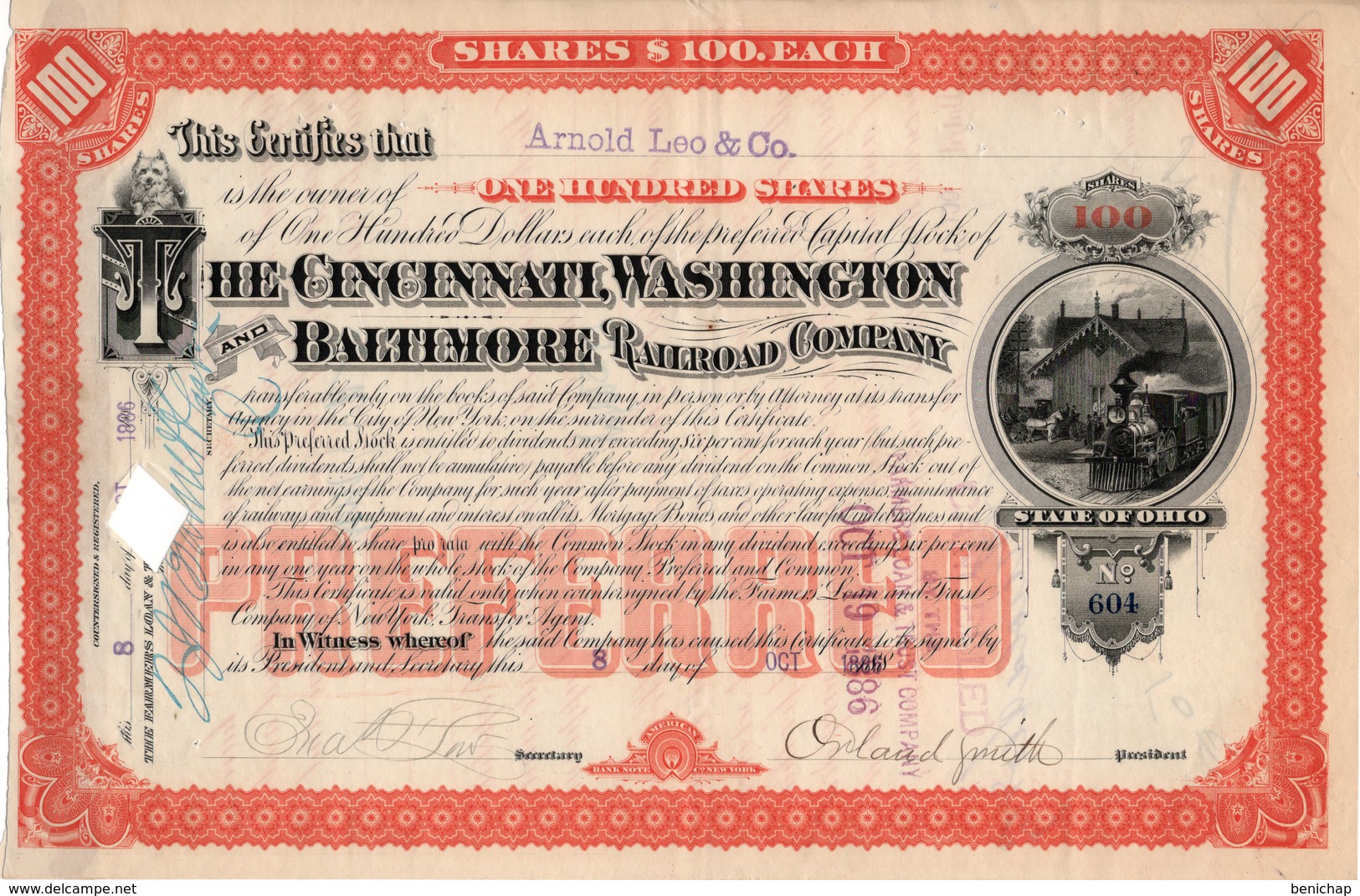 Titre De Bourse Made In USA - The Cincinnati, Washington And Baltimore Railroad Co.Titre De 100 Actions De 100$ Chacune. - Spoorwegen En Trams