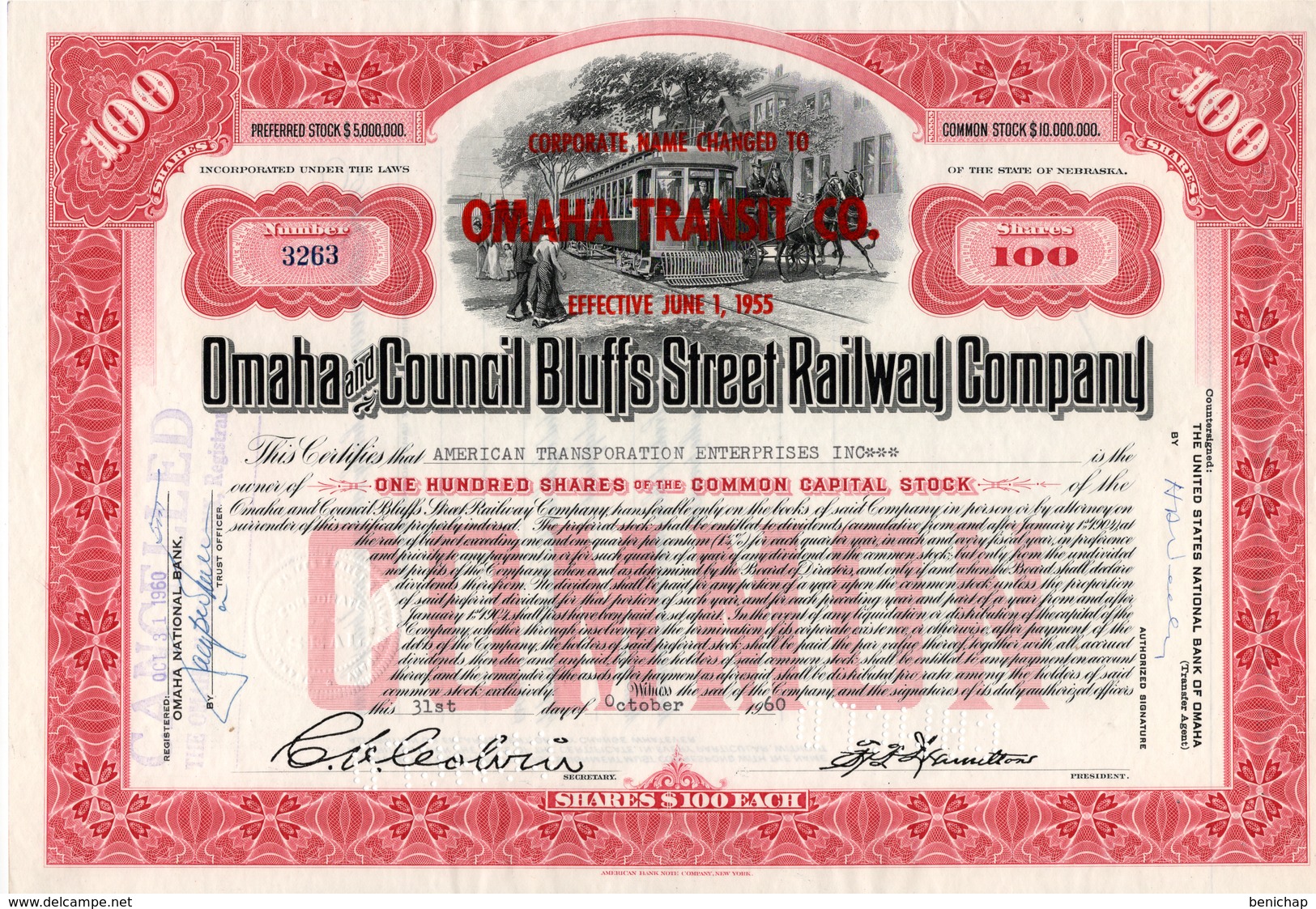 Titre De Bourse Made In USA - Omaha And Council Bluffs Street Railway Co.Titre De 100 Actions - Nebraska 1953 - Annulé - Railway & Tramway