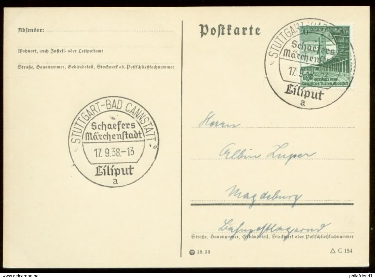 P0758 - DR Postkarte : Gebraucht Mit Sonderstempel Märchenstadt Liliput Stuttgart 1938 - Covers & Documents