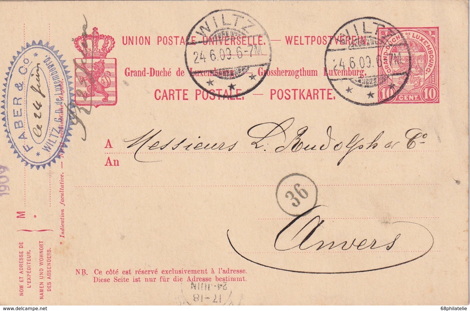 LUXEMBOURG 1909      ENTIER POSTAL  /GANZSACHE/POSTAL STATIONERY  CARTE DE WILTZ POUR ANVERS - Postwaardestukken