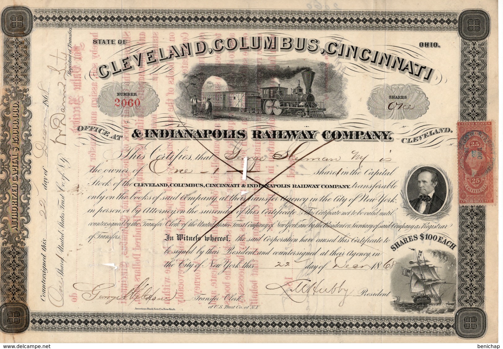 Titre De Bourse Made In USA - CLEVELAND, COLOMBUS,CINCINNATI & ANDIANAPOLIS RAILWAY COMPANY - 1868 -  Annulé - Spoorwegen En Trams