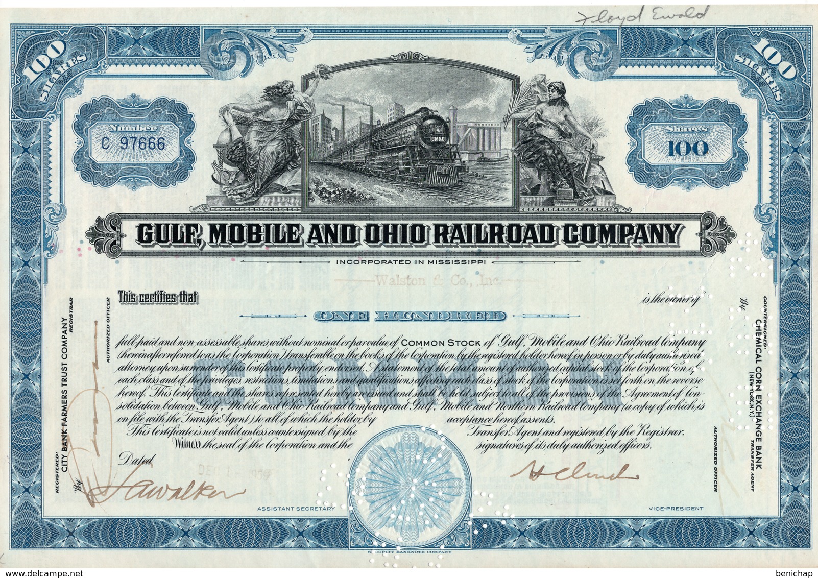 Titre De Bourse Made In USA - GULF, MOBILE AND OHIO RAILROAD COMPANY - 100 SHARES - 1959. - Railway & Tramway