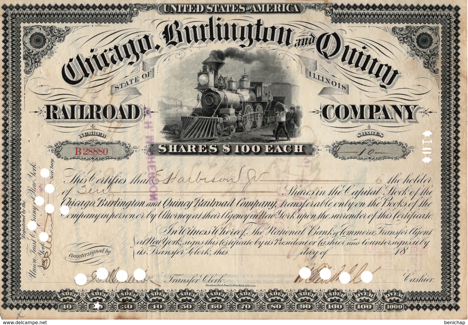 Titre De Bourse Made In USA - Chicago, Burlington And Quincy Railroad Co. Titre De 10 Actions De 100$ Chacune - Illinois - Chemin De Fer & Tramway