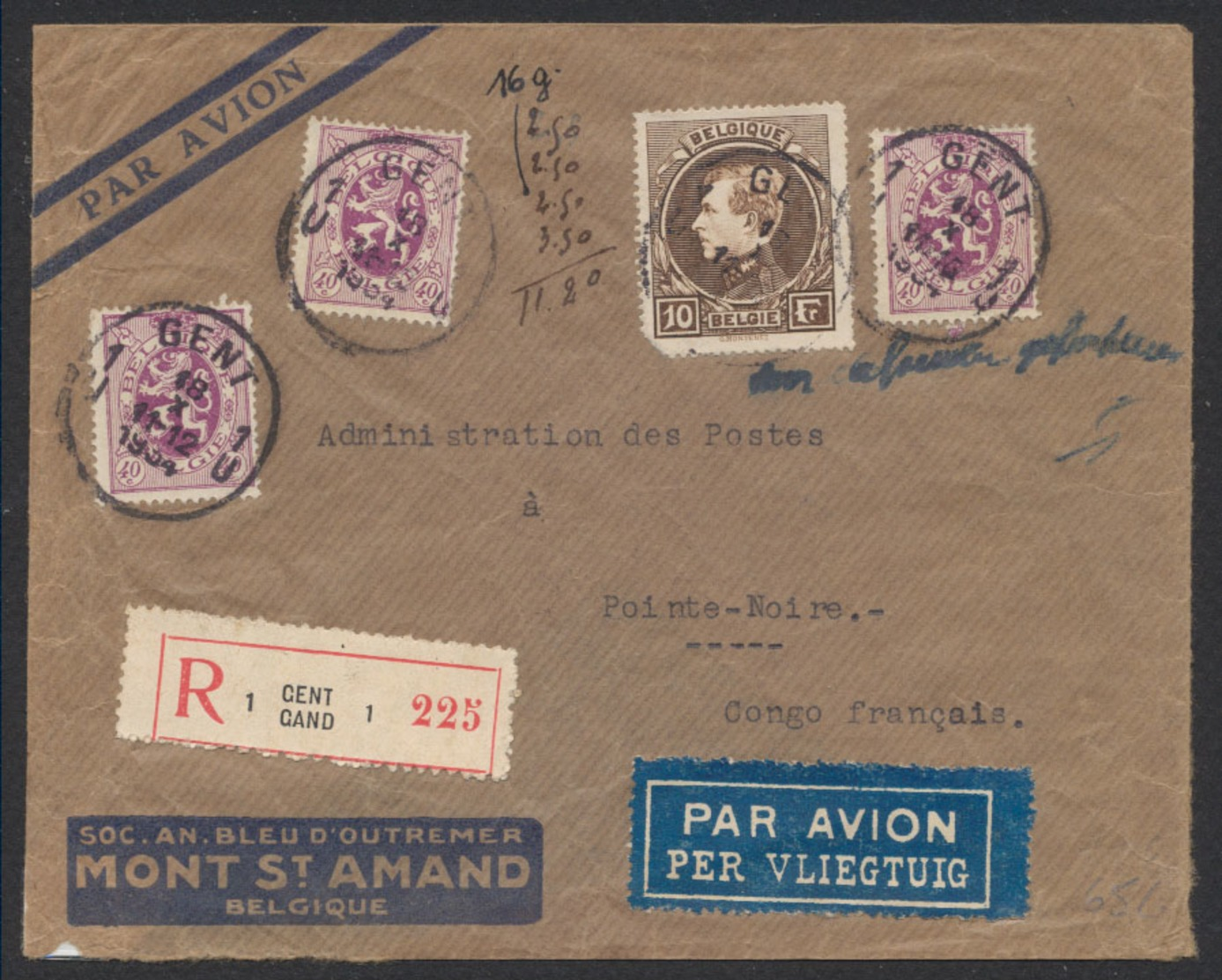 Grand Montenez - N°289 + 284 X3 Sur Lettre En R Par Avion Gent / Gand (1934) Vers Pointe Noire (Congo Français). TB - 1929-1941 Grand Montenez