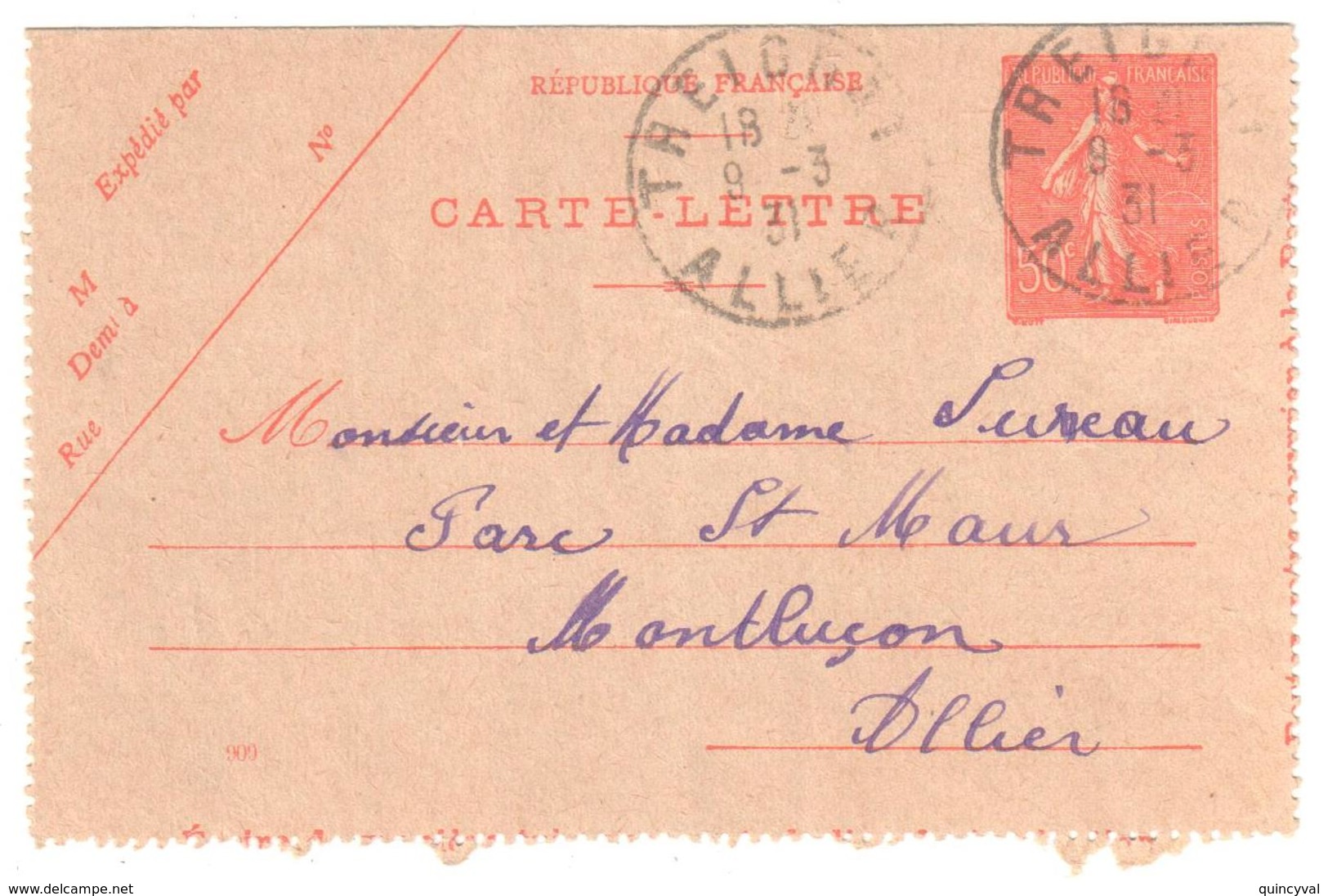 TREIGNAT Allier Carte Lettre Entier 50c Semeuse Lignée Rouge  Yv 199-CL3 Storch D2 Ob 9 3 1931 - Cachets Manuels