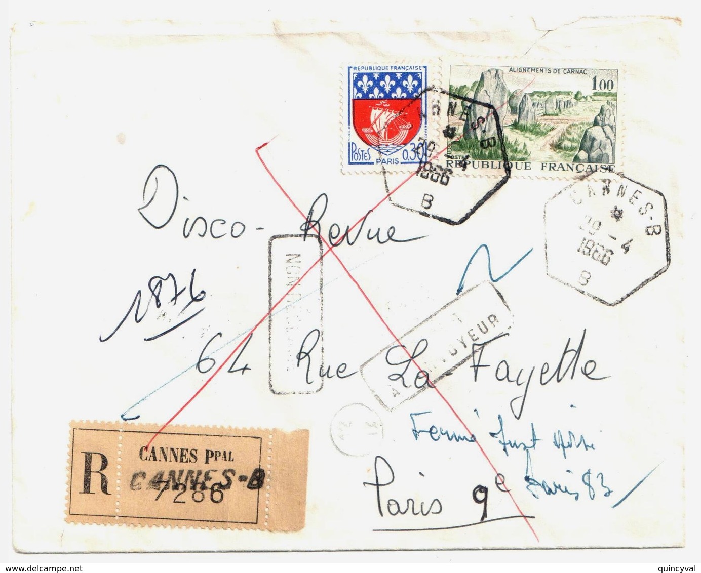 CANNES B Alpes Maritimes Lettre Recommandée Retour Envoyeur Yv 1440 1354B Ob 1966 Recette Auxiliaire Urbaine Etiquette - Storia Postale