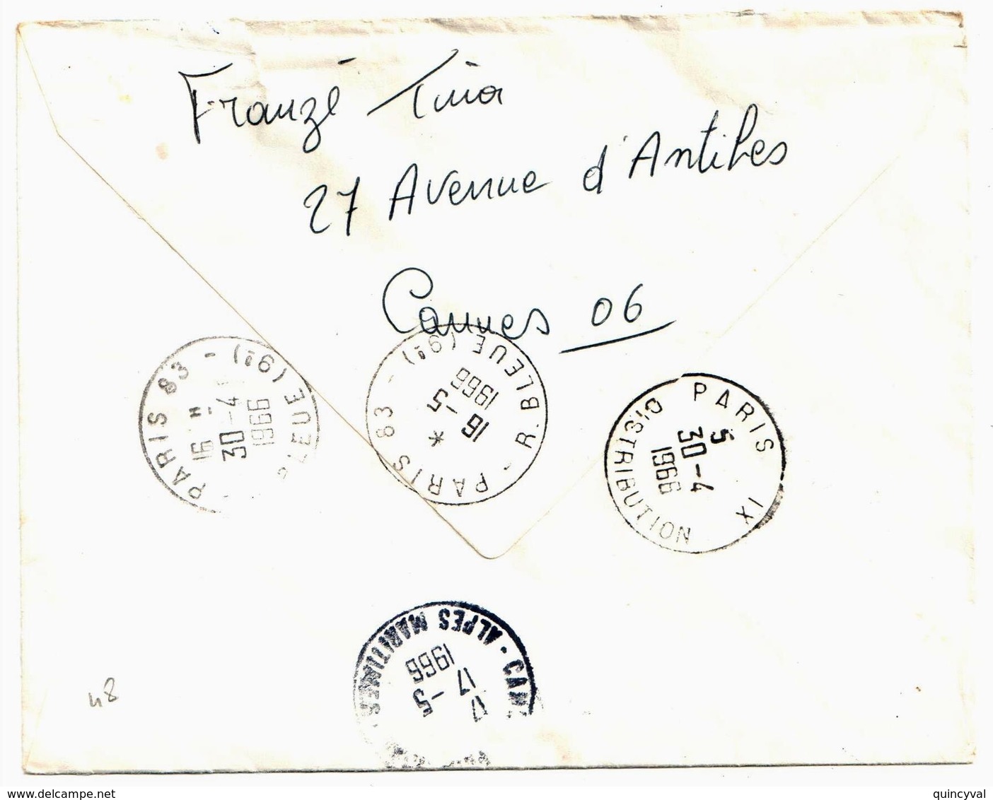 CANNES B Alpes Maritimes Lettre Recommandée Retour Envoyeur Yv 1440 1354B Ob 1966 Recette Auxiliaire Urbaine Etiquette - Cartas & Documentos