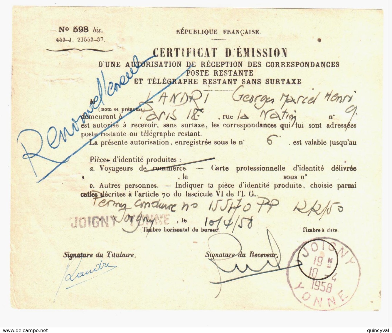 JOIGNY Yonne Poste Restante Certificat N° 598 Bis Autorisation Réception Correspondances RENOUVELLEMENT 10 4 1958 - 1921-1960: Modern Period