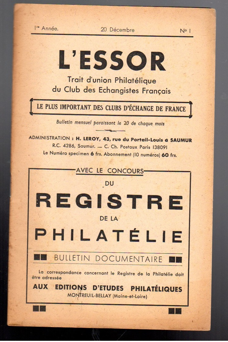 Revue :l 'essor  ( Saumur ) : Le Premier Numero  N°1 RARE  12 P 20 Decembre 1945 - Français (jusque 1940)