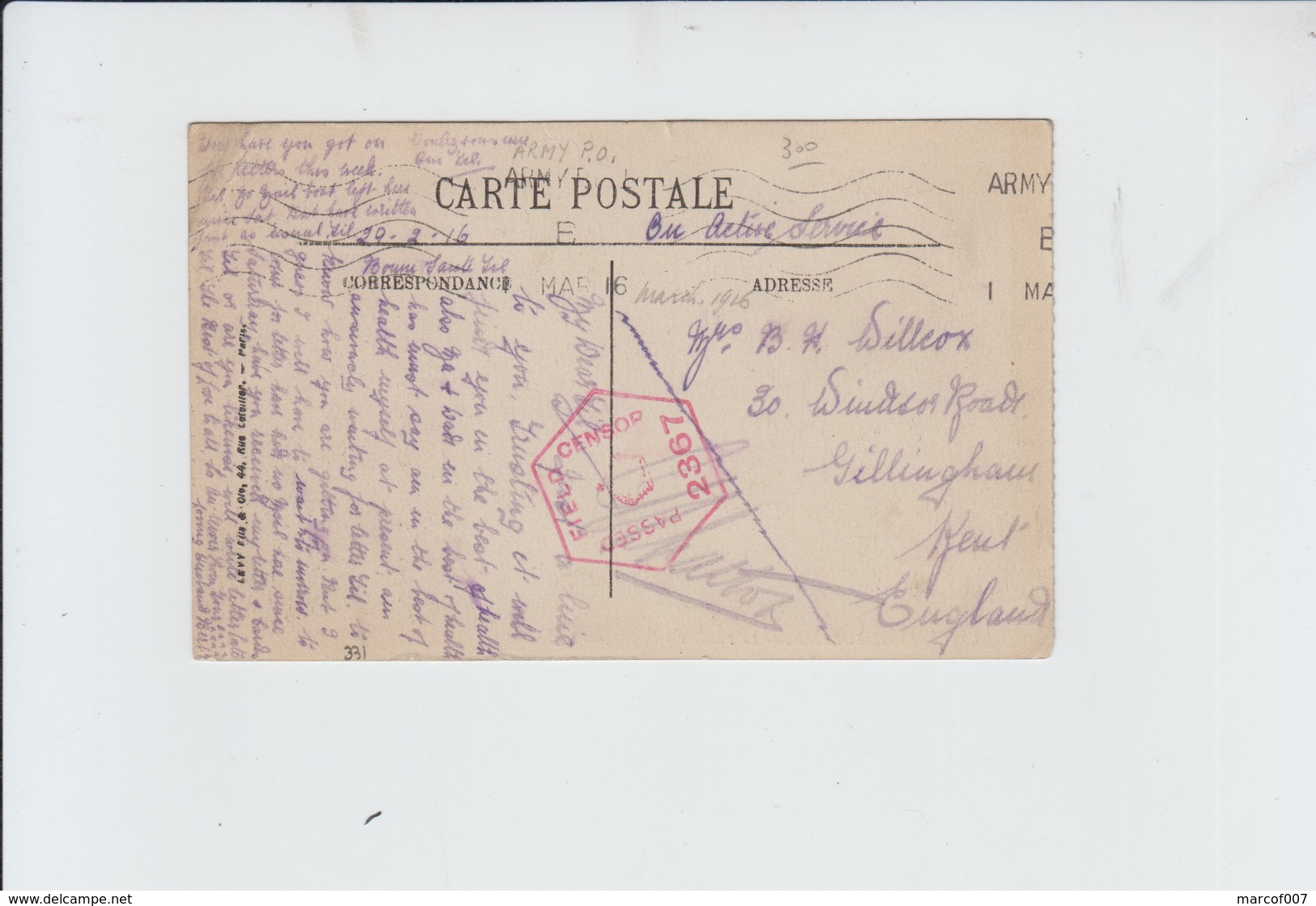 CPA DE STE ADRESSE  POUR ANGLETERRE-  EN FRANCHISE  CACHET PASSED BY CENSORD 2367 - 1916 - Zonder Portkosten