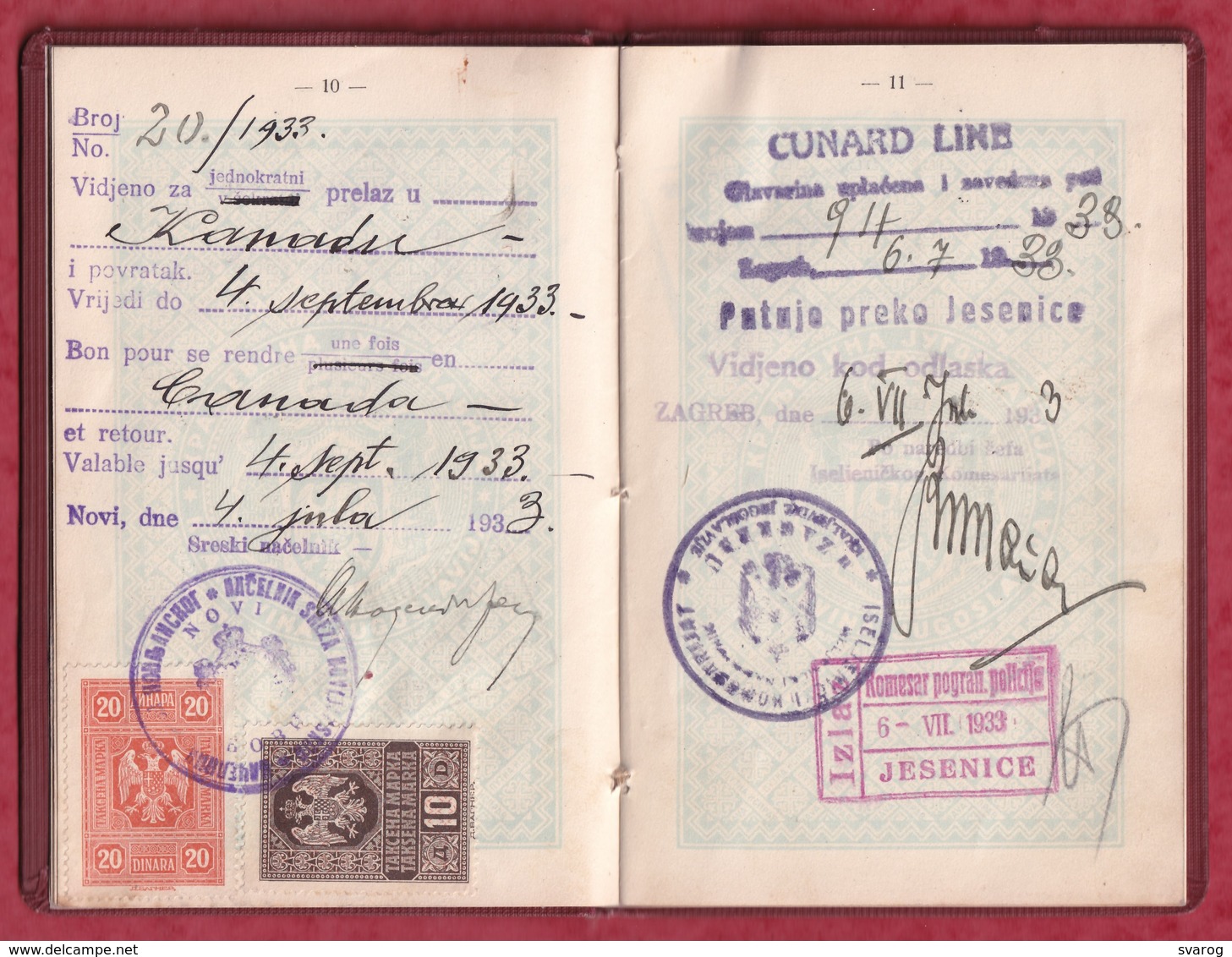 ROYAUME YUGOSLAVIA - PASSEPORT - PASSPORT - Austria, Yugoslavia revenue stamps visas - Issued in Montreal, Canada 1932.