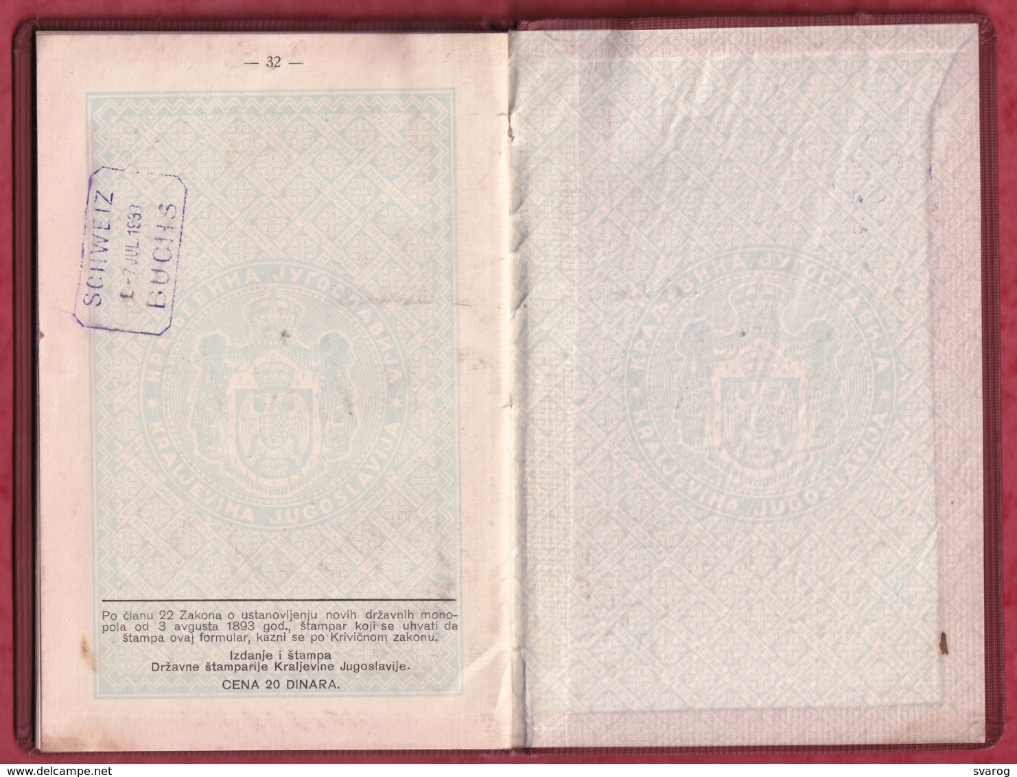 ROYAUME YUGOSLAVIA - PASSEPORT - PASSPORT - Austria, Yugoslavia revenue stamps visas - Issued in Montreal, Canada 1932.