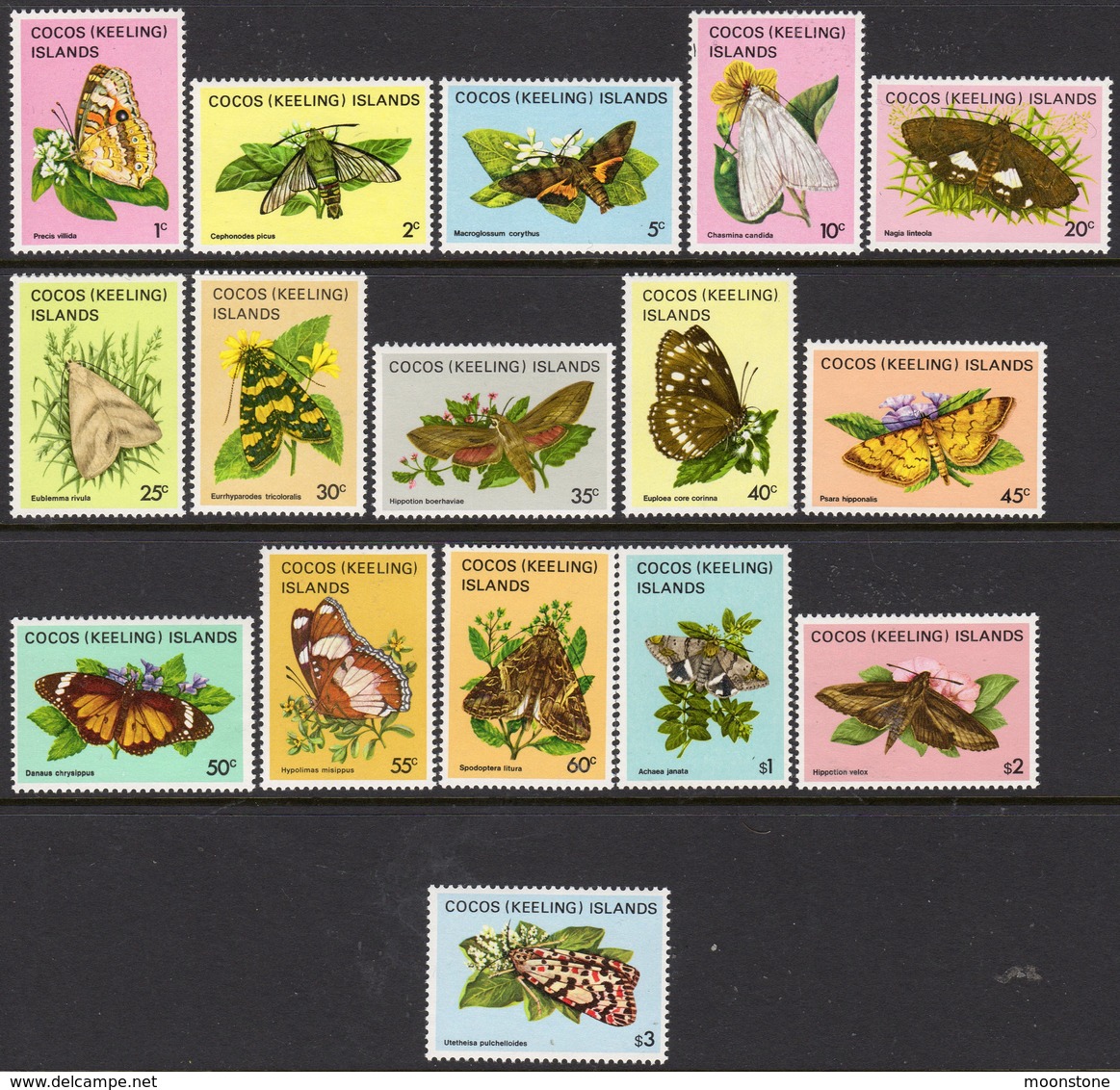 Cocos (Keeling) Islands 1982 Butterflies & Moths Definitives Set Of 16, MNH, SG 84/99 (AU) - Cocos (Keeling) Islands