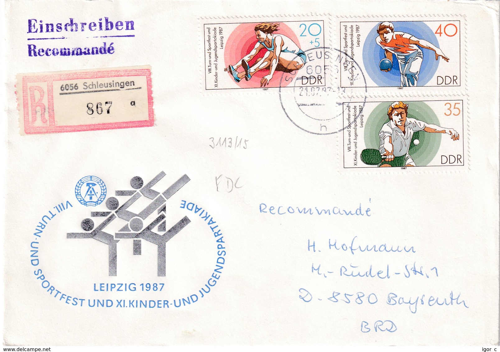 GErmany 1987 Registered Cover: Sport Gymnastics: Youth Spartakiade; Table Tennis; Bowling Athleticss; - Other & Unclassified