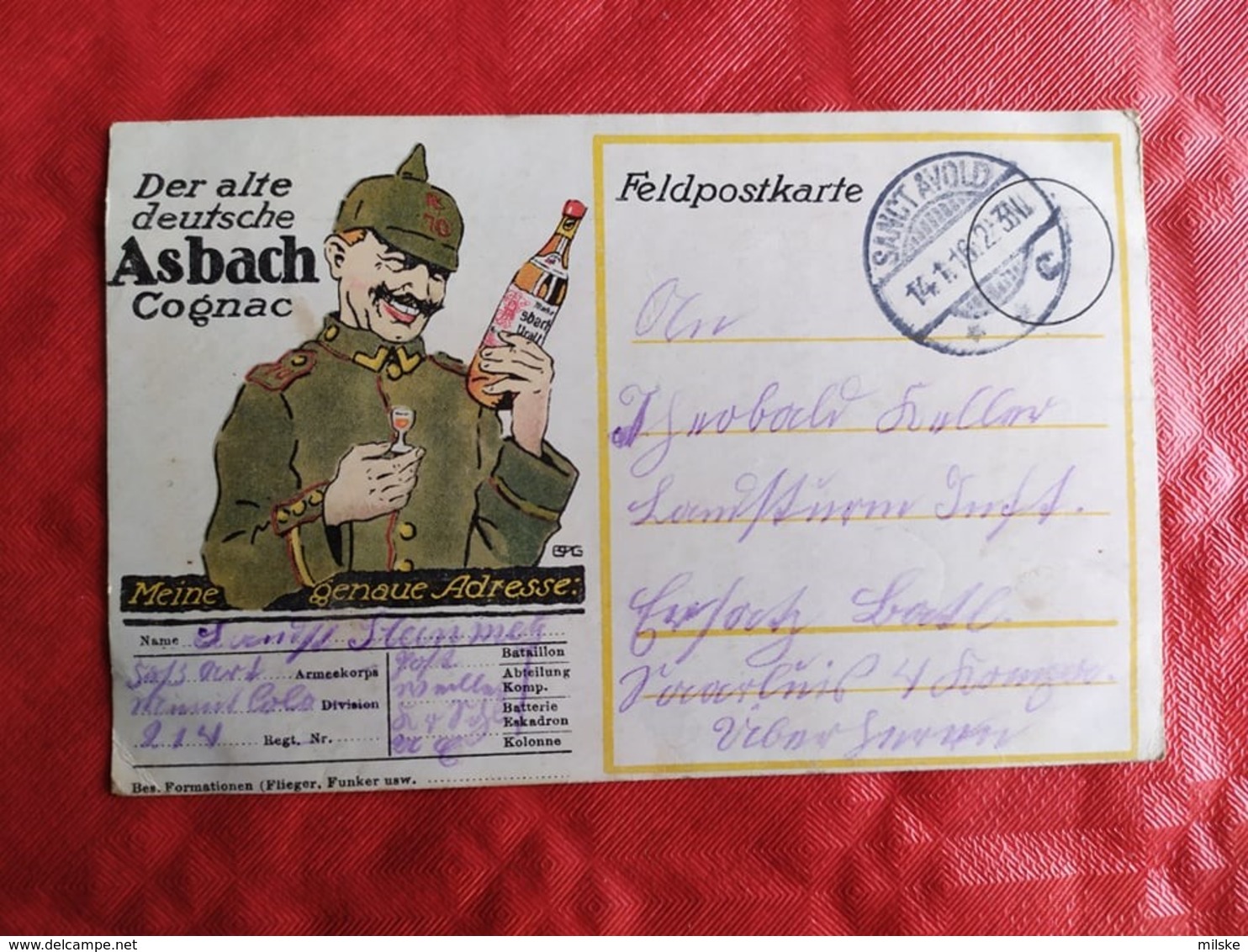 Soldat Pickelhaube Werbung Asbach Cognac - Cachet 1916 SANCT AVOLD - WW1 - War 1914-18