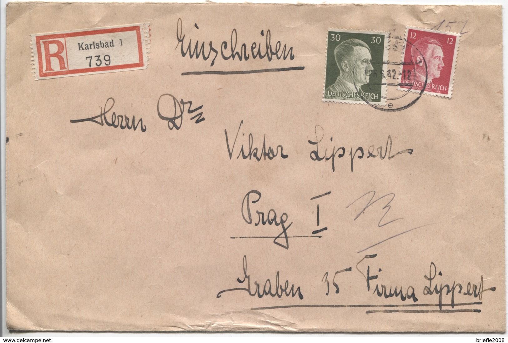 Sudeten Karlsbad Walter Lippert Hotel Pupp Einschreibebrief 26.6.42 > Prag Firma - Besetzungen 1938-45