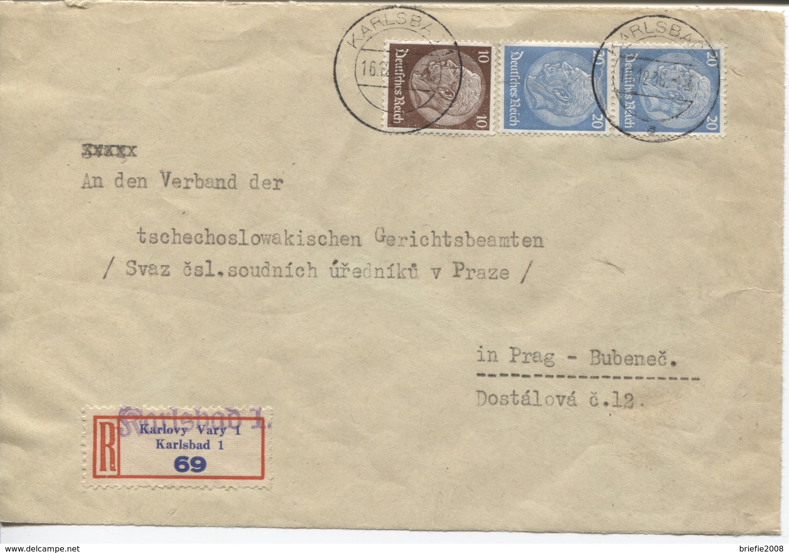 Sudeten Provisorischer R-zettel Karlsbad 1 Einschreiben Brief-vs 16.12.38 > CSR - Occupation 1938-45