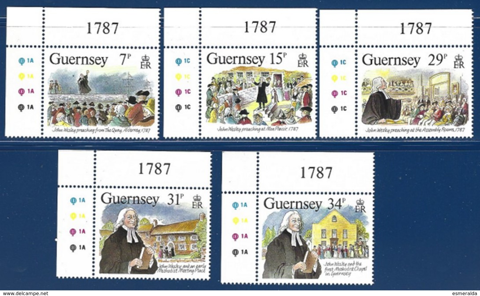 Guernsey, Yv 407/11, John Wesley, Prédicateur Méthodiste, Coin De Feuille N° De Planche ** - Guernesey