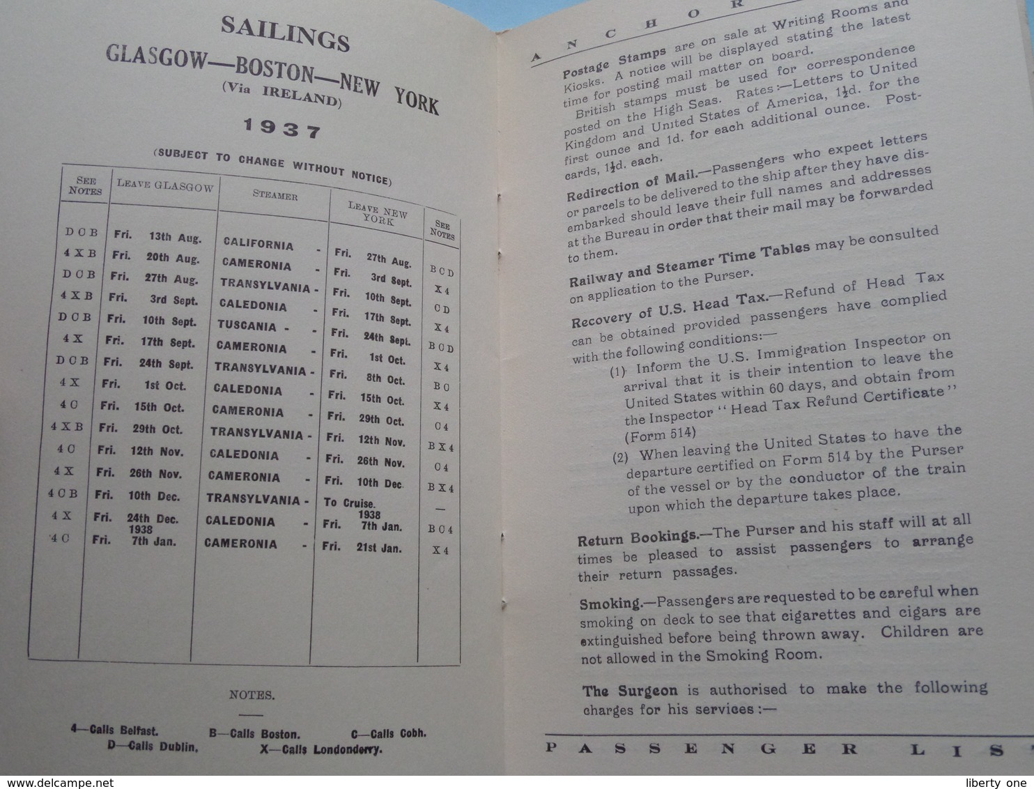T.S.S. " CALIFORNIA " from Glasgow to NEW YORK 13th August 1937 " ANCHOR LINE " ( List of PASSENGERS ) !