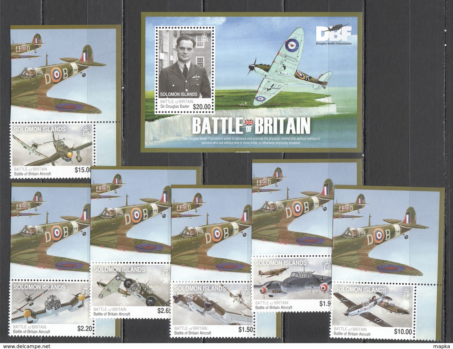 E010 SOLOMON ISLANDS WAR MILITARY AVIATION BATTLE OF BRITAIN MICHEL 19.3 EURO 1SET+1BL MNH BL HAS A SPOT ON THE LOWER ED - Avions