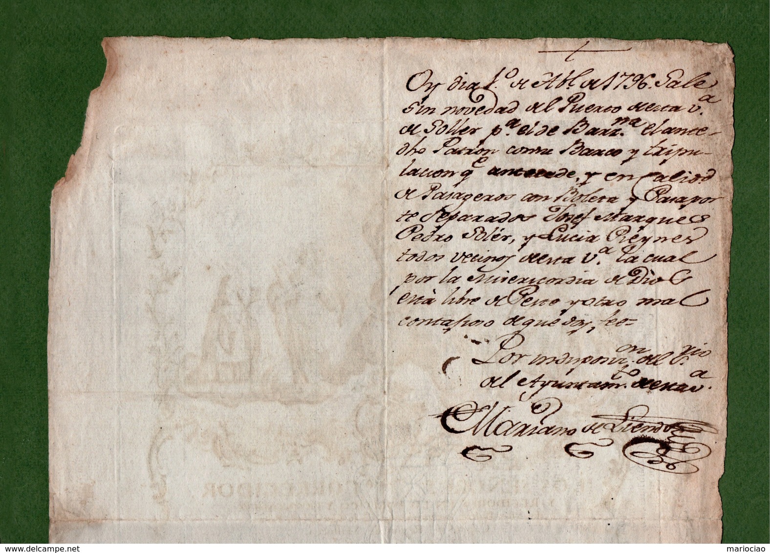 D-ES PATENTE DE SANIDAD Libre De PESTE España Ciudad De Palma De Mallorca 1796 Cm 37 X 26 - Documentos Históricos