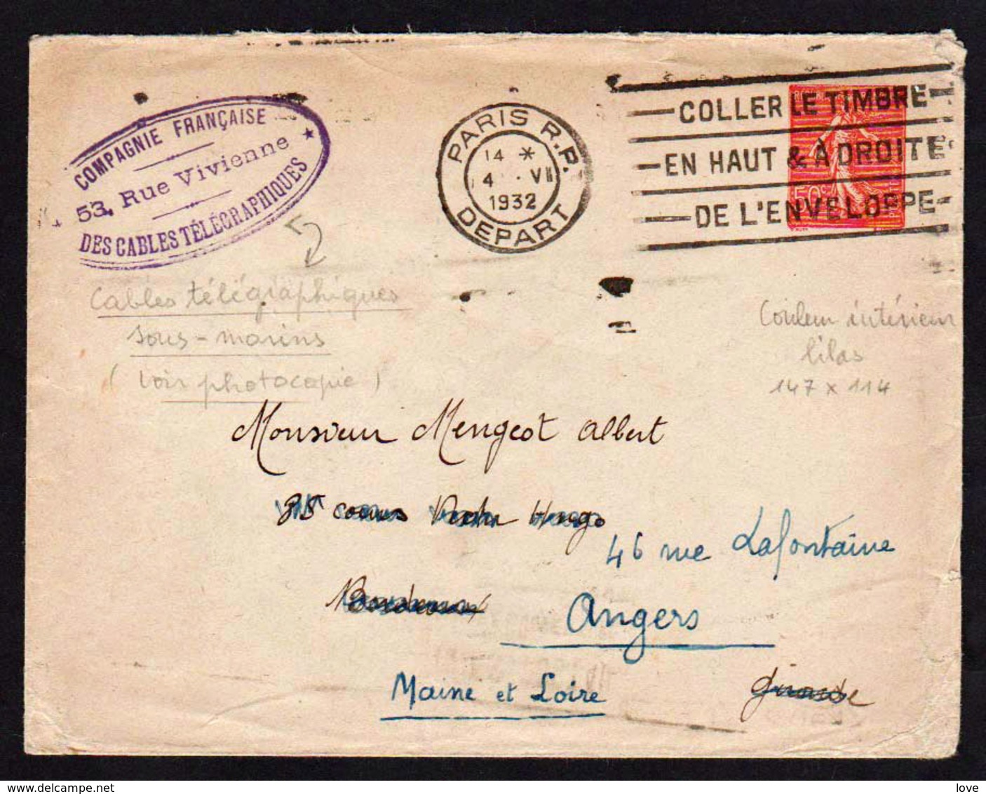 FRANCE: Entier Postal De50c Semeuse Lignée Rouge. Obl. Paris En 1932 + 1 RARE Cachet Des Cables............. - Enveloppes Repiquages (avant 1995)