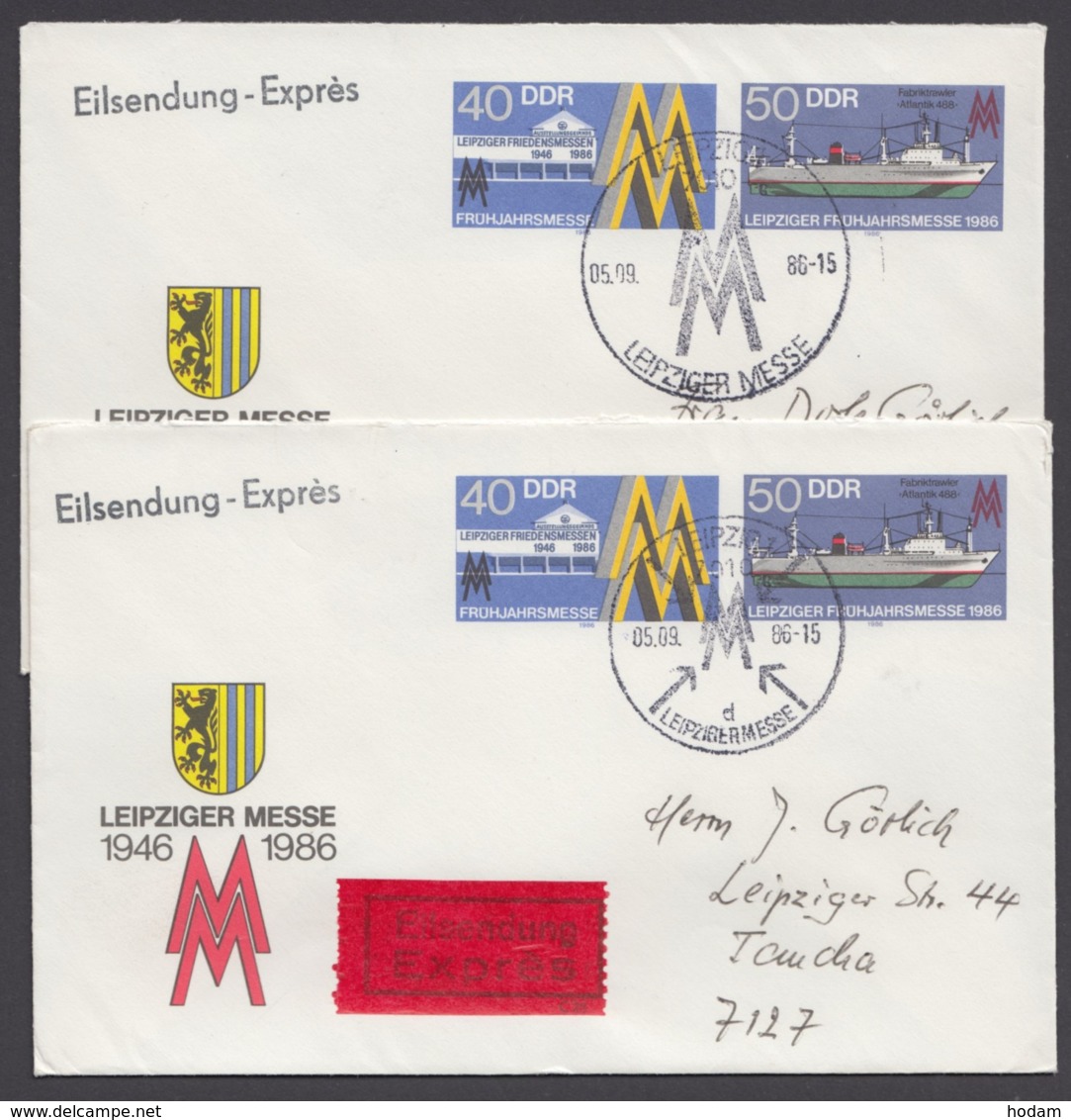 Mi-Nr. U4, 2 Eilboten- Belege, Versch. Sst "Leipziger Messe", 1986, Je Ankunft - Enveloppes - Oblitérées