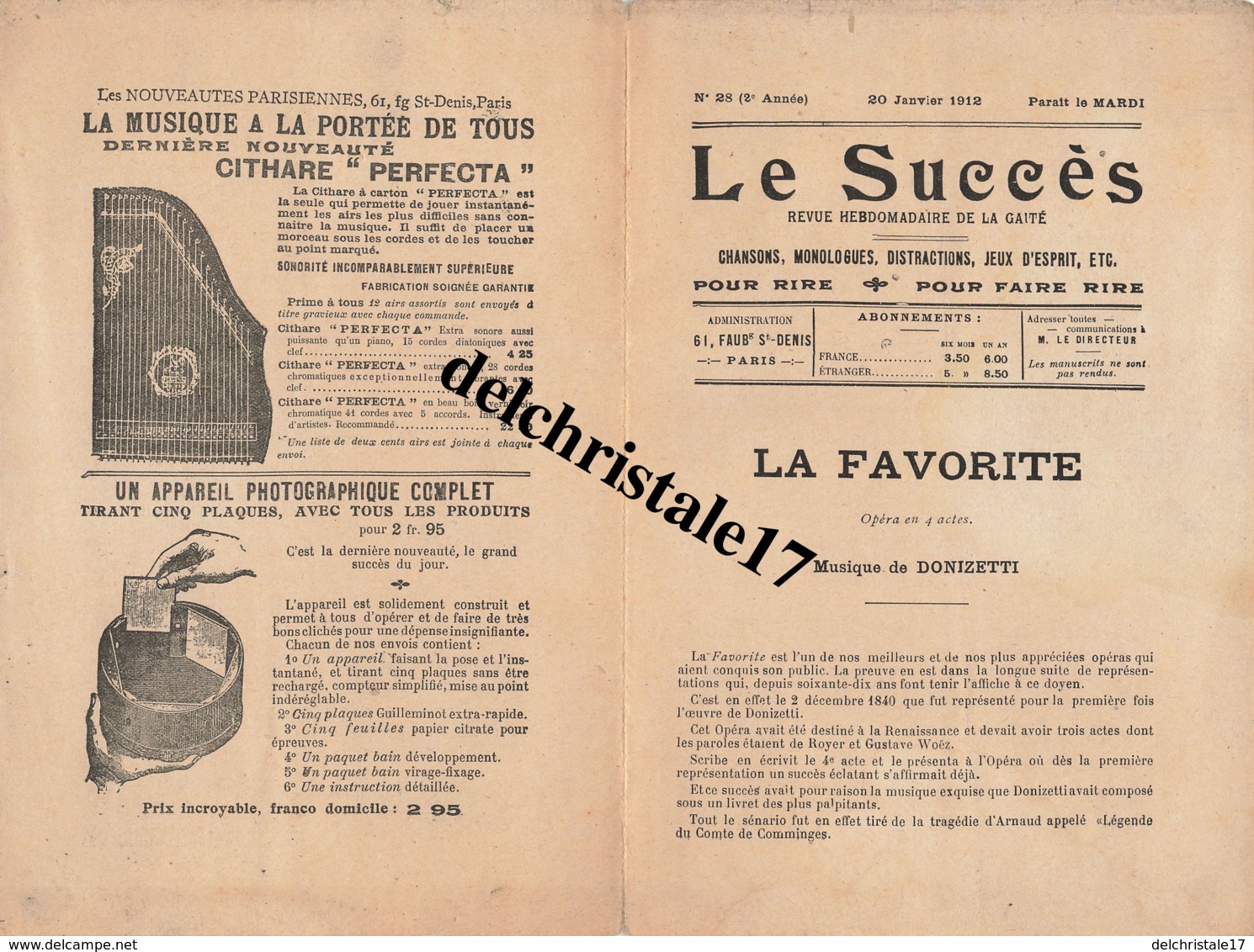 PARTITION ÉDITIONS MODERNES "LE SUCCÈS" - LA FAVORITE - OPÉRA DE DONIZETTI - Opéra