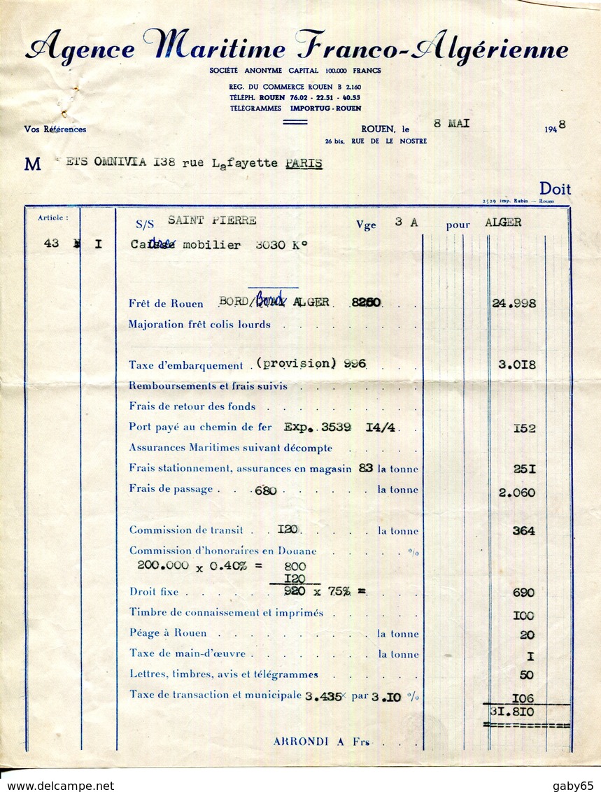 76.ROUEN.AGENCE MARITIME FRANCO-ALGERIENNE 26 Bis RUE DE LA NOSTRE. - Transport