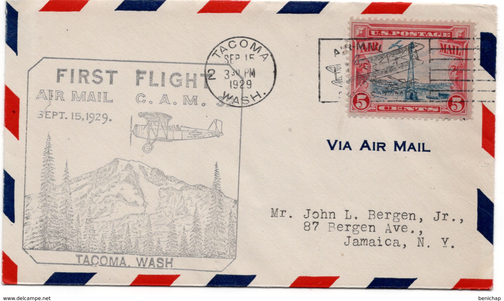 (R44) SCOTT C11 - 5 C BEACON - FIRST FLIGHT C.A.M.32 - TACOMA - JAMAICA - 1929. - 1c. 1918-1940 Briefe U. Dokumente