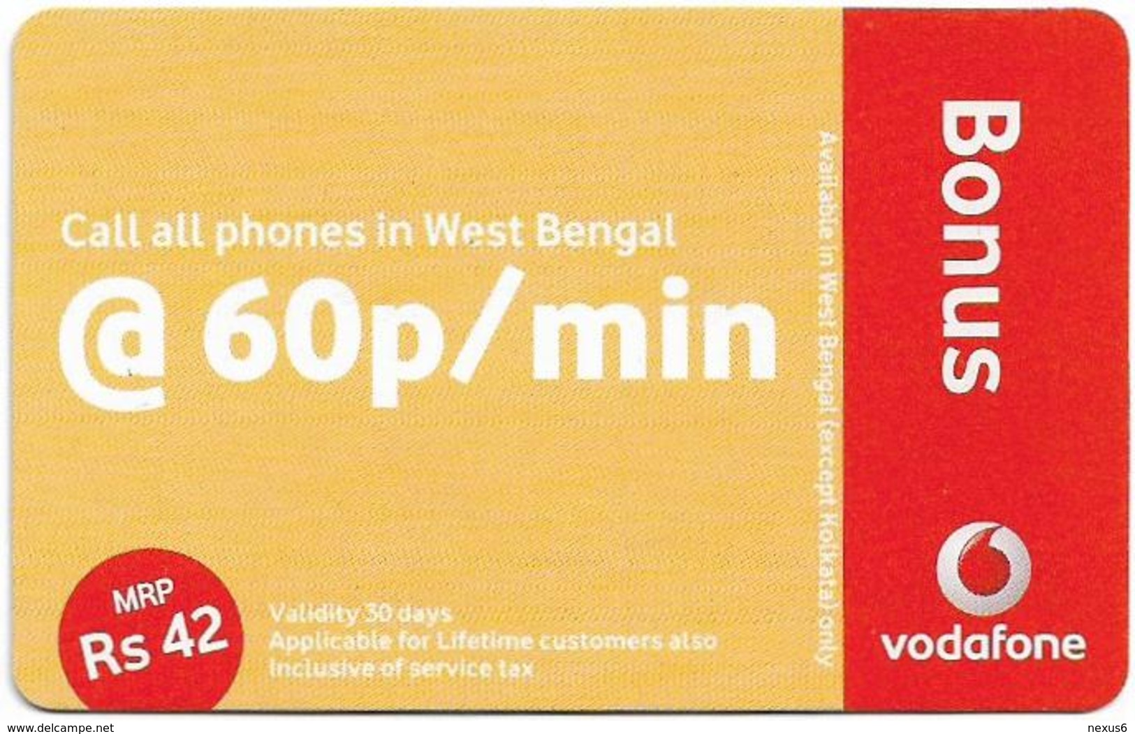 India - Vodafone - Bonus @ 60p-Min, GSM Refill 42₹, Exp.20.05.2011, Used - Inde