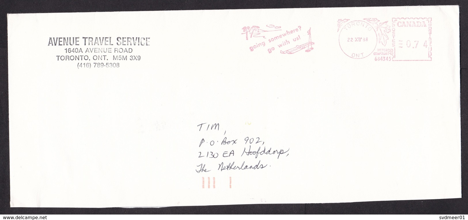 Canada: Cover To Netherlands, 1988, Meter Cancel, Travel Agency, Slogan, Holiday, Tourism, Skiing, Beach (traces Of Use) - Briefe U. Dokumente