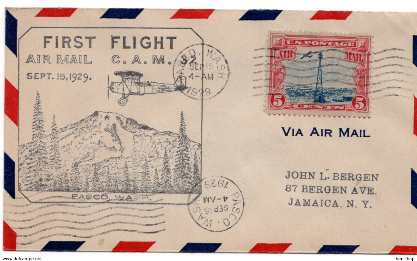 (R48) SCOTT C11 - 5 C BEACON - FIRST FLIGHT C.A.M. 32 - AIR MAIL - PASCO TO JAMAICA - 1929. - 1c. 1918-1940 Covers