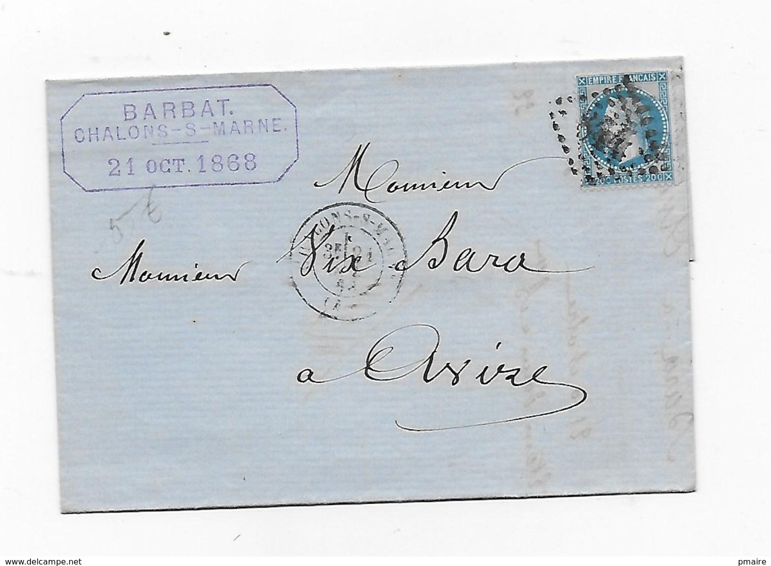Vp215 Lettre 1868 Cachet Départ Chalons Sur Marne De Barbat Pour Bara à Avize - 1849-1876: Période Classique