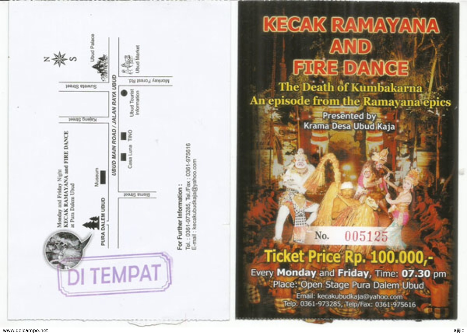 BALI. Kecak Ramayana Monkey Chant.(Balinese Hindu Dance And Music Drama), Entry Ticket, 2 Pictures - Tickets De Concerts