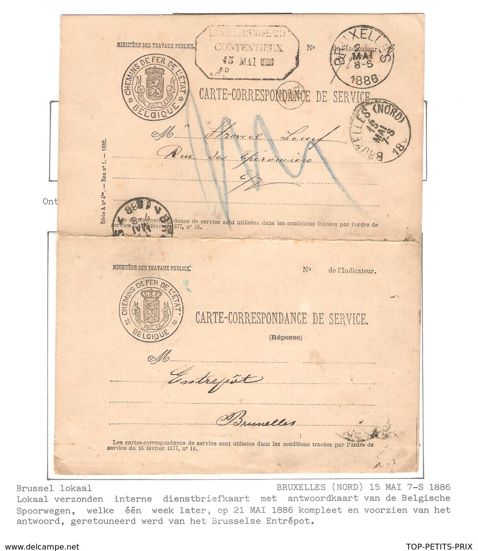REF152/ Carte Correspondance C.F.de L'Etat Belgique C.BXL 2/5/1886 Avec Réponse C.Hexagonal BXL Entrepôt - Dokumente & Fragmente